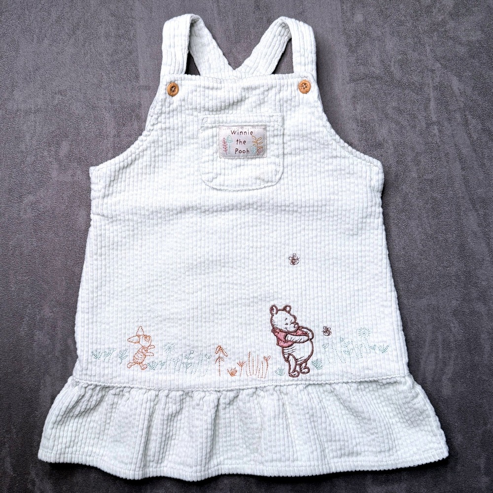Vtg Disney Winnie the Pooh Dress Girls Baby 18-24M Sage Green Corduroy Y2K